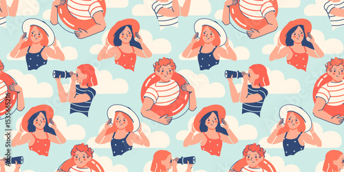Seamless background with lively teen characters enjoying a sunny beach day. Summer holiday wallpaper. Vintage limited color pallet