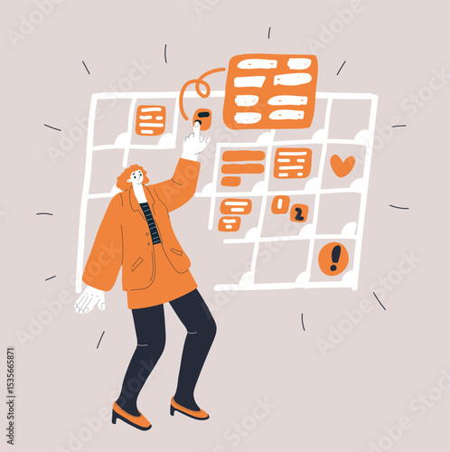 Cartoon vector illustration of a woman pointing at her monthly planner, symbolizing organization, scheduling, and time management