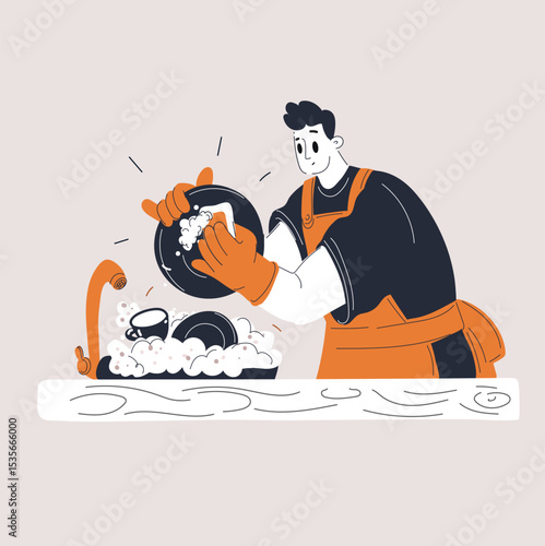 Cartoon vector illustration of a tired man washing dishes at work, representing exhaustion and daily routine