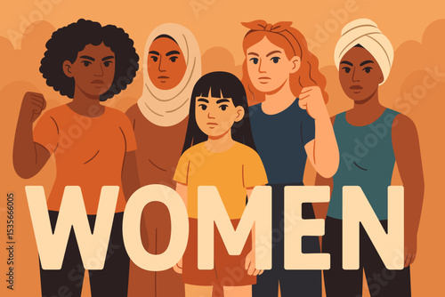 Diverse Women Empowerment Unity Concept. Group of Multicultural Feminist Females Standing Together, Raised Fists, Social Equality, Solidarity, International Women's Rights Movement Illustration