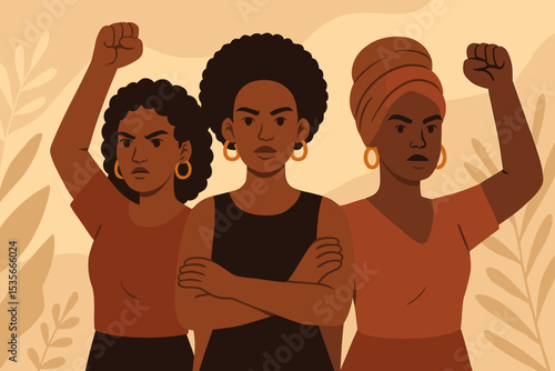 Empowered African Women Standing United in Solidarity, Feminism, Activism and Protest, Strong Female Diversity, Sisterhood, Equality Movement, Raised Fists, Modern Empowerment Illustration