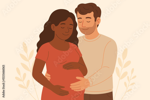 Expecting mixed race couple embracing, pregnancy love, supportive partner, prenatal bonding, maternity, parenthood anticipation, family joy, multiracial family, togetherness, modern illustration