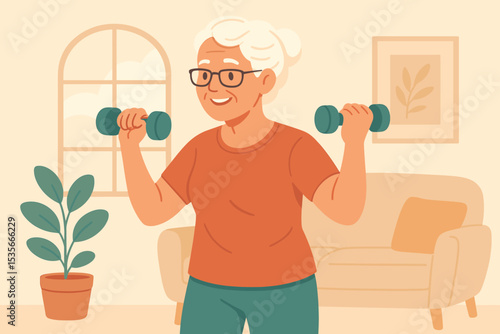 Active elderly woman exercising with dumbbells at home. Senior fitness, strength training, healthy lifestyle, workout routine, wellness for older adults, home gym, active retirement concept