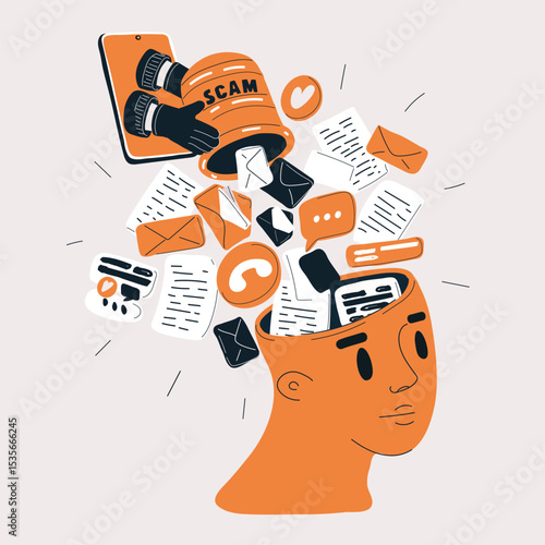 Cartoon vector illustration of a bucket of scam being thrown at a person's head from a mobile phone screen, symbolizing online scams and digital threats
