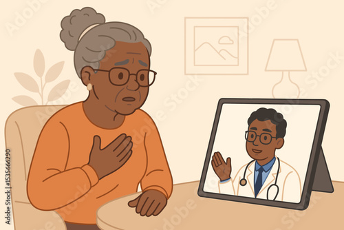 Telemedicine appointment concept. Senior woman patient consulting with online doctor via digital tablet. Virtual healthcare, remote medical advice, elderly care technology, telehealth illustration.