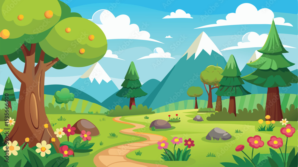 Fototapeta premium Cartoon Landscape with a Winding Path, Mountains, Trees, Flowers, and Sunny Sky