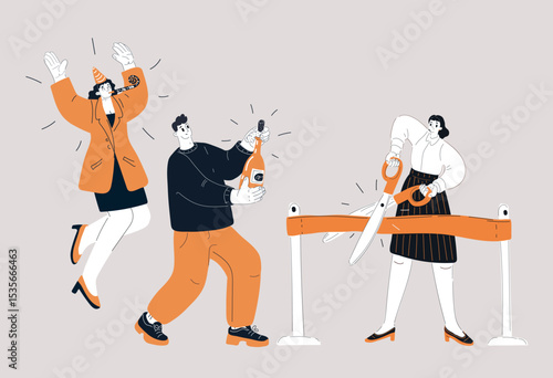 Cartoon vector illustration of a woman cutting a ribbon as a symbol of personal achievement and stepping into a new chapter