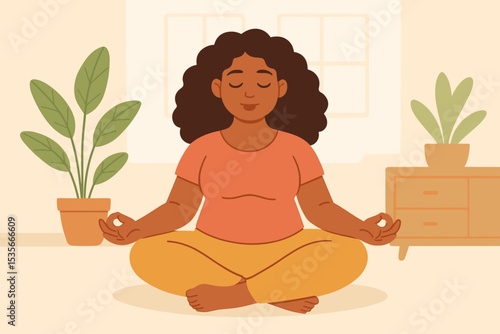 Calm morning yoga meditation at home. African American woman practicing mindfulness, sitting cross legged in lotus pose, indoor peaceful living room, wellness plants, healthy lifestyle concept