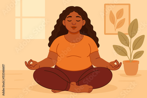 Morning home yoga meditation. Curvy woman practicing lotus pose. Mindfulness, healthy lifestyle, self-care. Body positive female sitting cross-legged indoors. Relaxation, wellness, peaceful interior.