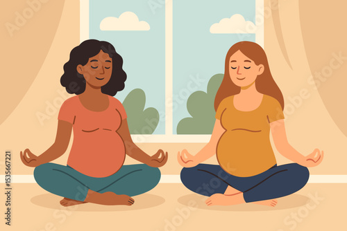 Pregnant Women Meditating Together Indoors, Prenatal Yoga, Mindfulness, Calm Motherhood, Expecting Mothers Practicing Relaxation, Multicultural Diversity, Healthy Pregnancy, Wellness Lifestyle