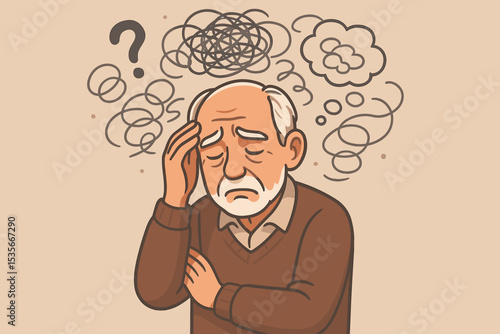 Elderly Confusion and Memory Loss Concept Illustration. Senior Man with Hand on Head, Thought Bubbles, Scribbles, Question Mark. Dementia, Alzheimer’s Disease, Mental Health, Aging Struggles