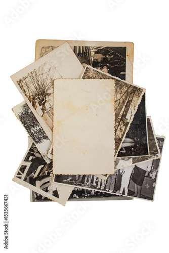 Stack old photos with blank copy space , isolated on white background. abstract textured backdrop, postcard mockup