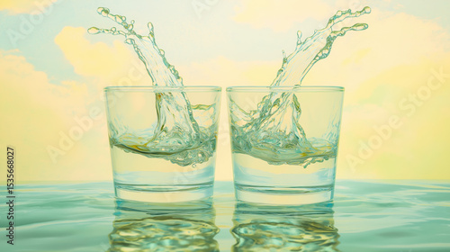 Water in Transparent Glass with Sunset Background