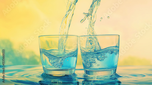 Water in Transparent Glass with Sunset Background