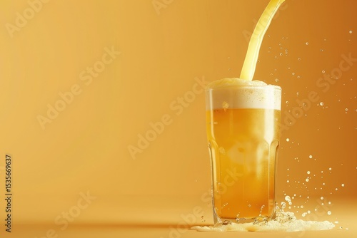 Vibrant Color Visual of Golden Liquid Pouring Into Frothy Beer Glass