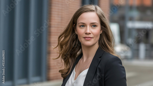 Portrait of a young woman in a black blazer and white top looking off to the side outdoors