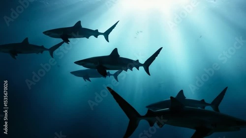 Spectacular underwater scene of sharks swimming, with sun rays penetrating water
