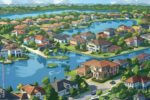 Top view of the city with different houses, buildings, yards. Roads with cars. River, pier with ships and boats. Vector illustration eps10. Realistic landscape. Cartoon flat style. View from above.