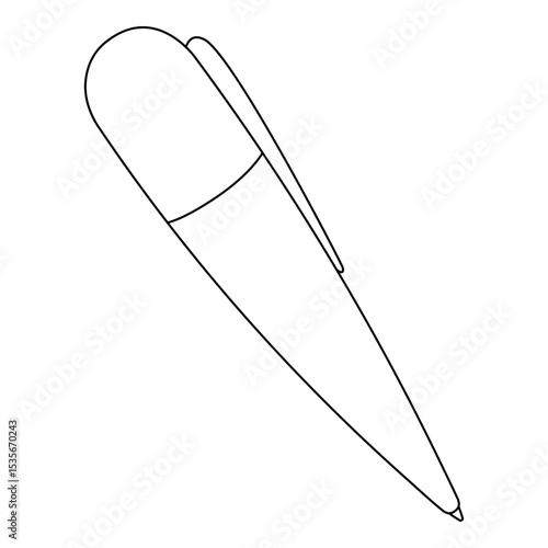 Coloring page with outline drawing of ballpoint pen with clip. Cartoon style school or office stationery illustration. For entertaining kids activity, back to school black and white printable design.