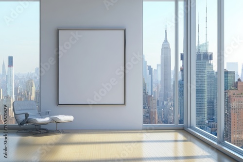 Modern living room with city view and blank canvas