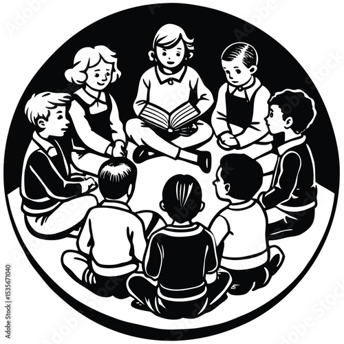 Children sitting in a circle reading a book