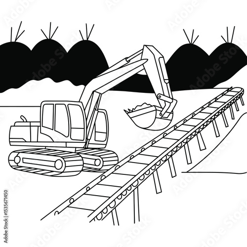 Industrial coal mining scene with equipment in line drawing style

