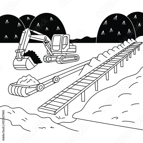 Coal mine illustration showing conveyor belts and machinery line art

