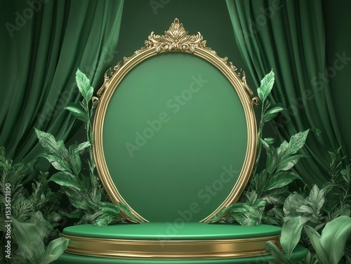 ultra quality image of Elegant green background podium for showcasing products, high detail, 8k