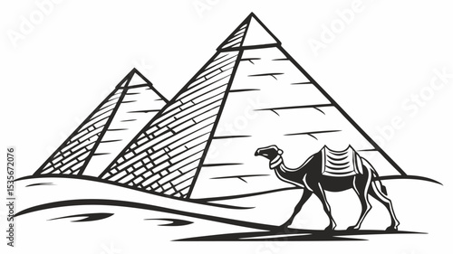Black silhouette illustration of two pyramids and a camel walking in the desert with a saddle on its back in black and white