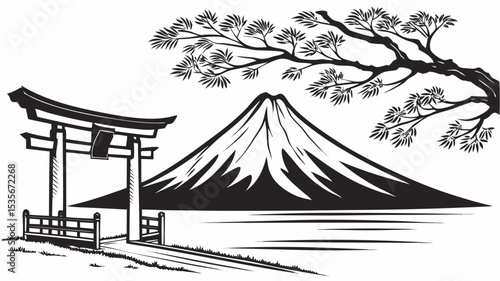 Black silhouette black and white illustration of torii gate mount fuji and tree branch in japanese landscape style art