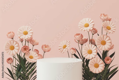 Minimal product display podium with beautiful flowers background