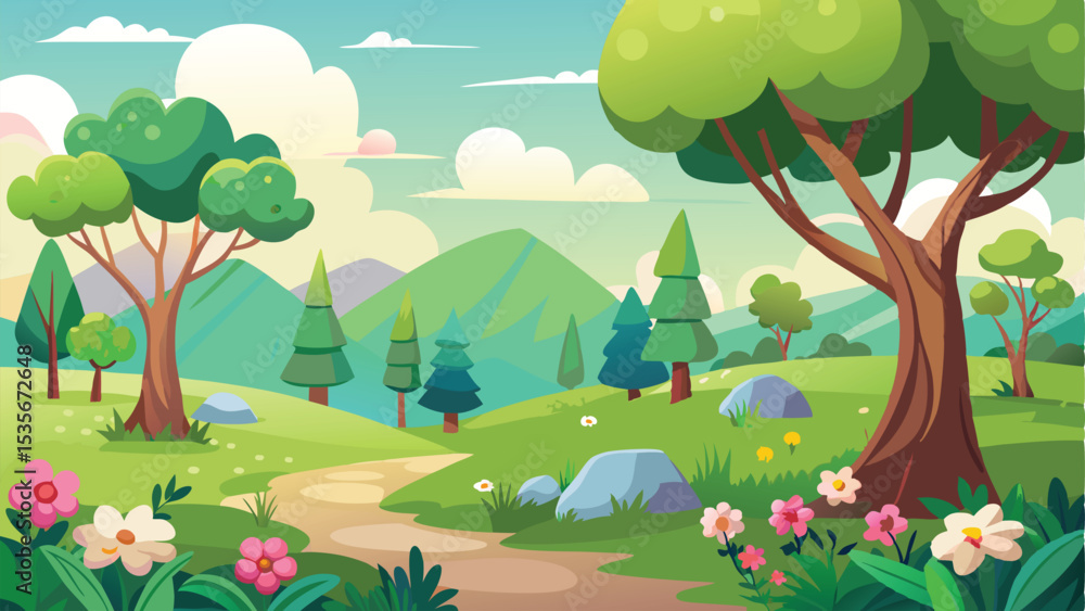 Obraz premium Cartoon Landscape Illustration of Green Hills, Trees, Flowers, and a Winding Path