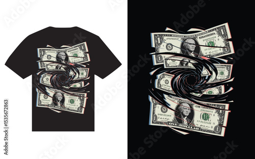 Black t shirt design with one dollar bills in vortex.