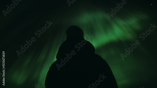 Woman watching the Northern Lights in Lapland, Finland, surrounded by snow and silence under a starry arctic sky