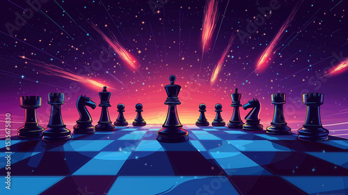 Chess Board with Black Chess Pieces on White Background