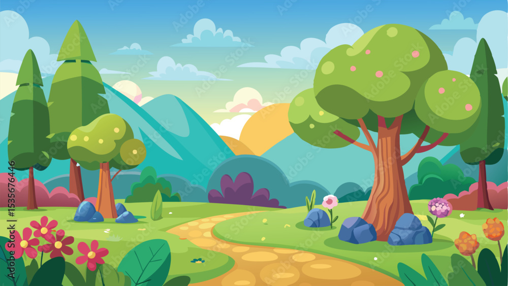 Naklejka premium Cartoon Landscape with Trees, Mountains, Flowers, Path and Clouds in Blue Sky
