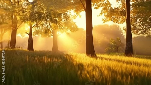 Wallpaper Mural Wide angle, slow motion: A serene forest during golden hour, warm light filtering through the trees, creating soft, dappled shadows. Soft wind causes gentle motion in the leaves. Deep focus capture Torontodigital.ca