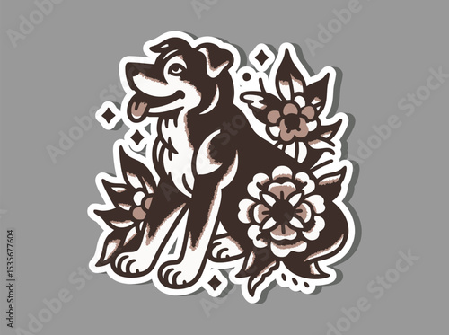 Retro Canine Floral Tattoo Art - Bold and Vintage Style