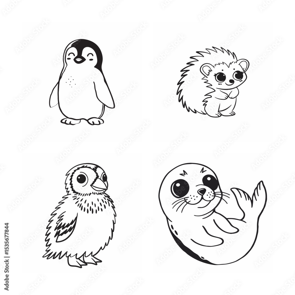Obraz premium line art of cute animal bundle on the white background