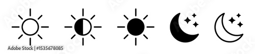 Sun and moon icon set. Day and night or dark and light mode icons. Brightness symbol.