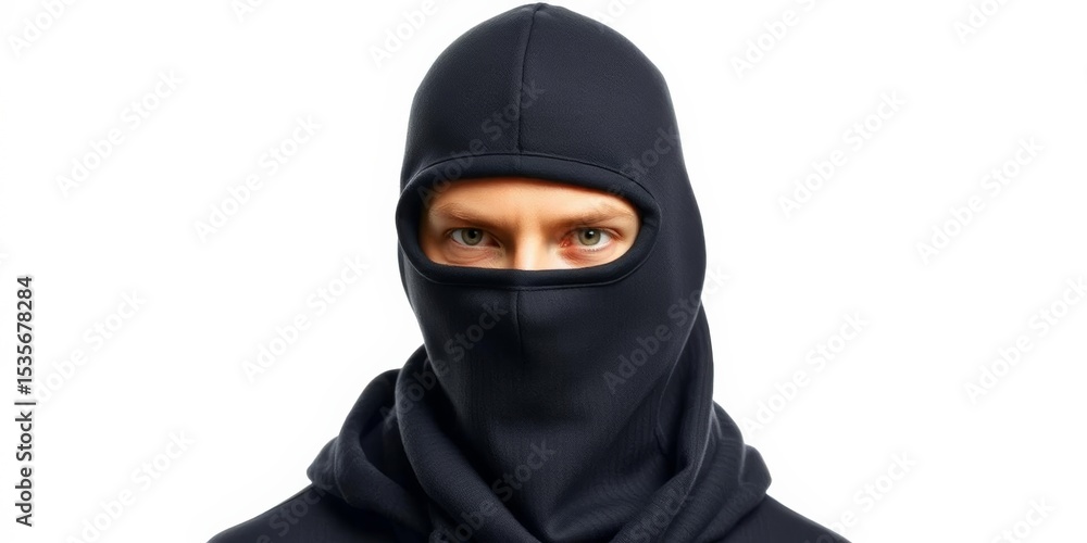 Balaclava-clad figure, isolated on white background, thief, villain Balaclava-clad figure, isolated on white background, thief, villain