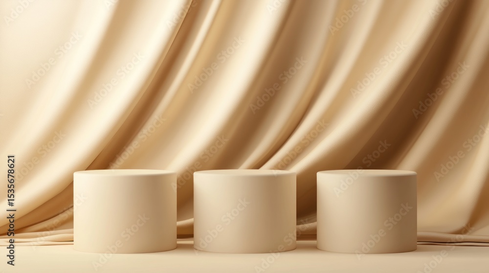 Three cylinder podiums with flowing fabric backdrop. Three cylinder podiums with flowing fabric backdrop.