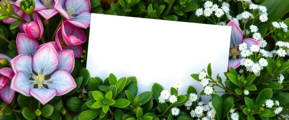 Blank white card nestled amongst eucalyptus and gypsophila greenery, design, eucalyptus