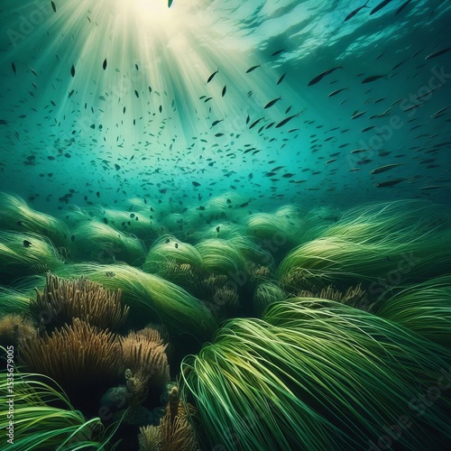 Seagrass Meadow Underwater fields of swaying green grass and dar