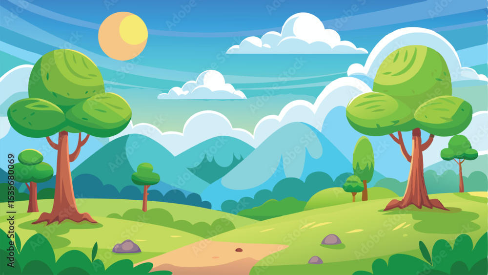 Naklejka premium Cartoon Landscape with Green Hills, Trees, Mountains, Clouds, and a Bright Sun