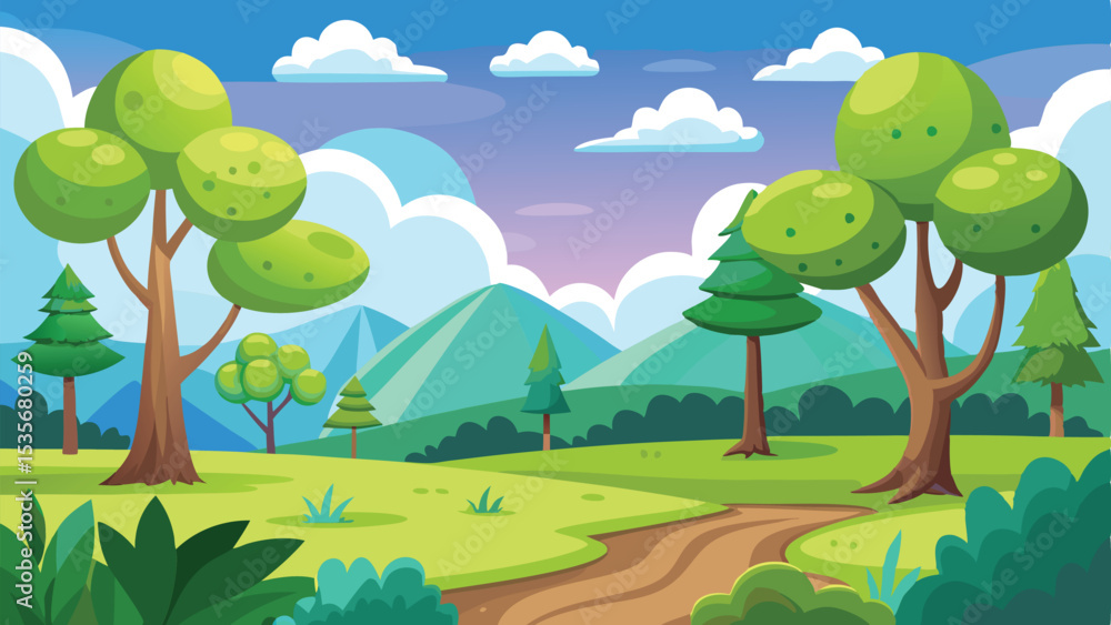 Fototapeta premium Cartoon Landscape Scene with Trees, Mountains, Clouds and a Dirt Road Winding Through