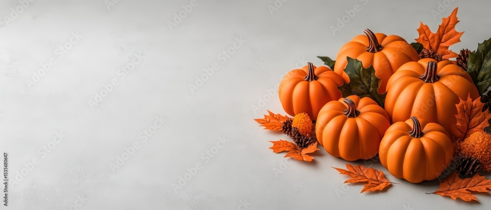 Bright Halloween decoration with multiple orange pumpkins and autumn leaves arranged on a plain light gray background Bright Halloween decoration with multiple orange pumpkins and autumn leaves arranged on a plain light gray background