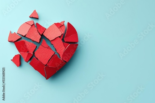 A shattered red heart lies broken on a light blue surface, symbolizing heartbreak and emotional pain.