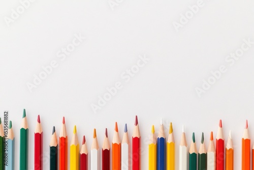 A row of colorful sharpened pencils standing upright against a plain white background.