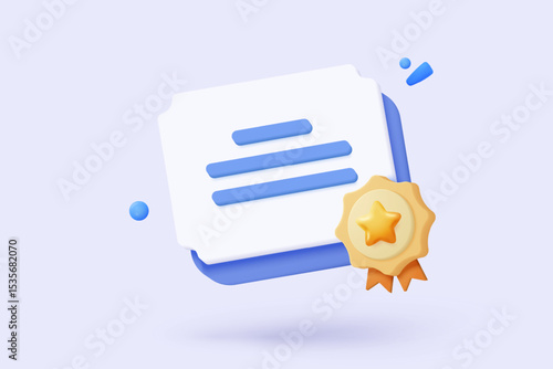 3d certificate or diploma icon with medal and ribbon bow. White clipboard task management todo check list in preschool, prize on project plan concept. 3d graduation icon vector render illustration